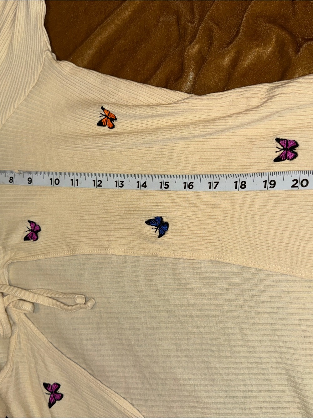 Jolie & Joy cream-colored ribbed tie-front cardigan, Colorful Butterflies, Sz 3x - Picture 8 of 9